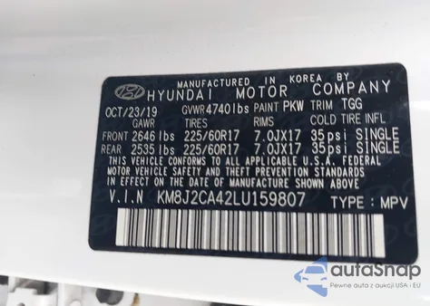 2020 Hyundai Tucson Se z USA, uszkodzony, nr VIN KM8J2CA42LU159807